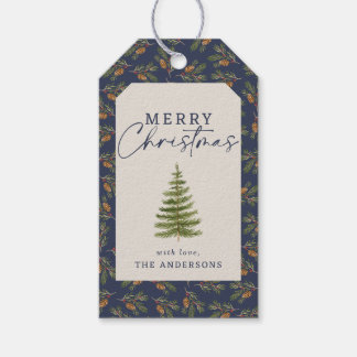 Evergreen Pine Tree Watercolor Christmas Navy Blue Gift Tags