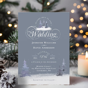Evergreen Pine Trees Elegant Script Winter Wedding Invitation