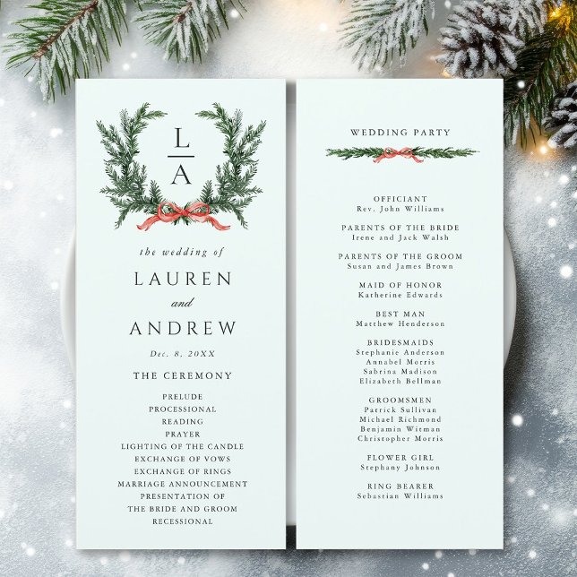 Evergreen Pine Wreath Wedding Mint Green Ceremony  Programme (Front & Back)