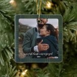 Evergreen Plaid Engagement | Rustic Flannel Tartan Ceramic Ornament<br><div class="desc">Celebrate their love story with this charming evergreen plaid engagement ornament, featuring a timeless flannel tartan design. Add a favourite photo and the engagement year to create a personalised keepsake that captures their special moment. Perfect for newly engaged couples, anniversaries, or rustic holiday decor, this ornament combines cosy charm with...</div>