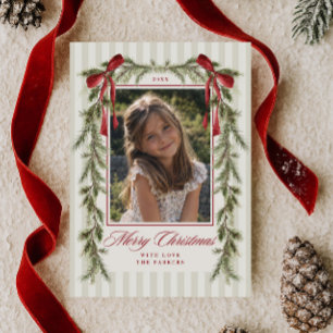 Evergreen Red Bow Garland Merry Christmas Photo Holiday Card