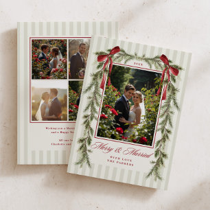 Evergreen Red Bow Garland Merry Married Photo Holiday Card