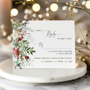 Evergreen snow winter wedding meal choice RSVP Card