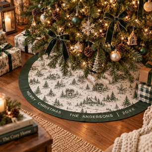 Evergreen Toile Family Christmas Brushed Polyester Tree Skirt