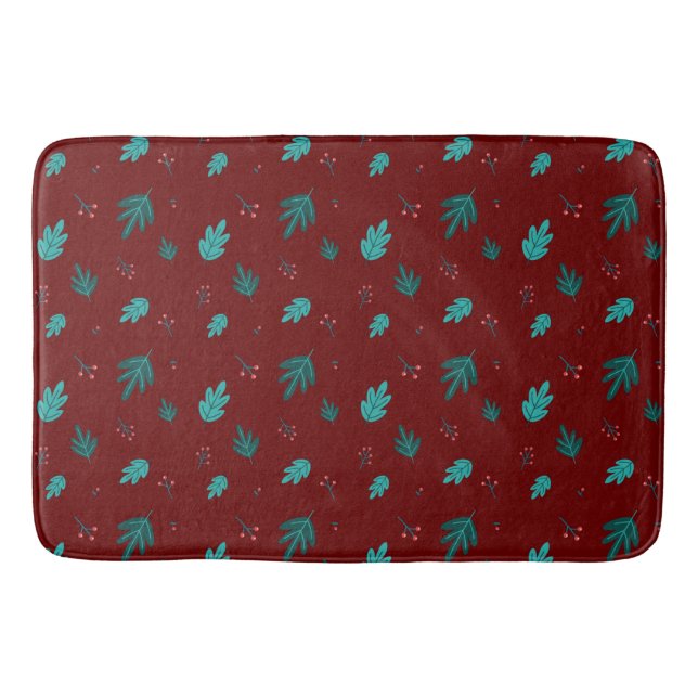 Evergreen Tree Leaves & Red Holly Berries Bath Mat (Front)