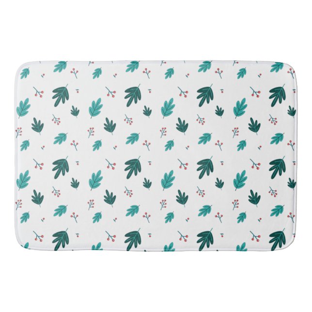 Evergreen Tree Leaves & Red Holly Berries Bath Mat (Front)