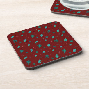 Evergreen Tree Leaves & Red Holly Berries Coaster