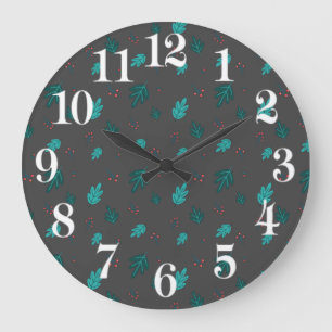 Evergreen Tree Leaves & Red Holly Berries Large Clock