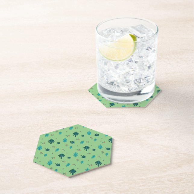 Evergreen Tree Leaves & Red Holly Berries Paper Coaster (Insitu)