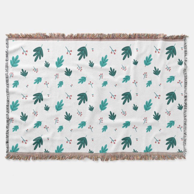 Evergreen Tree Leaves & Red Holly Berries Throw Blanket (Front)