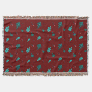 Evergreen Tree Leaves & Red Holly Berries Throw Blanket