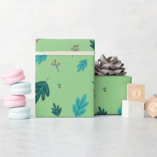 Evergreen Tree Leaves & Red Holly Berries Wrapping Paper