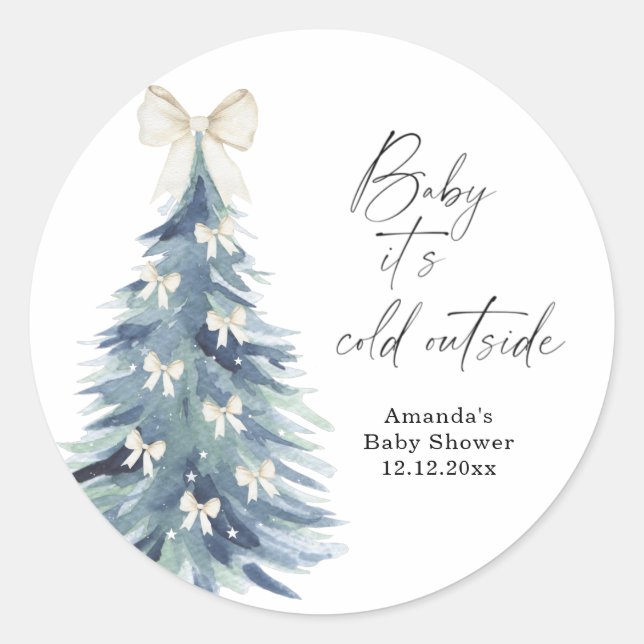 Evergreen tree with bows Baby shower Classic Round Sticker (Front)