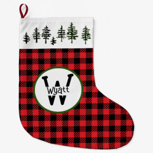 Evergreen Trees And Check Pattern Large Christmas Stocking