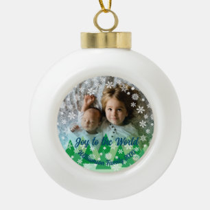 Evergreen Trees White Snowflakes Joy to the World  Ceramic Ball Christmas Ornament