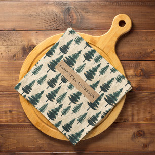 Evergreen Vintage Pine in Dark Green and Beige  Tea Towel