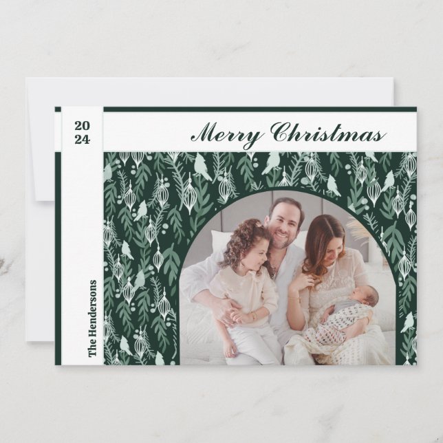 Evergreen White Ribbon Modern One Photo Christmas Holiday Card (Front)