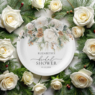 Evergreen Winter Floral Bridal Shower Paper Plate