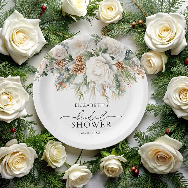 Evergreen Winter Floral Bridal Shower Paper Plate (Creator Uploaded)