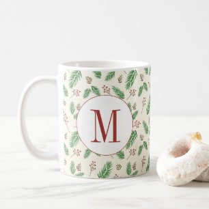 Evergreen Winter Floral Initial Monogram Christmas Coffee Mug