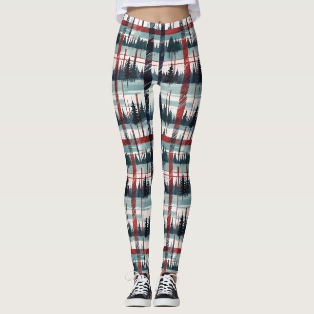 Evergreen Winter Forest Plaid Leggings (Front)