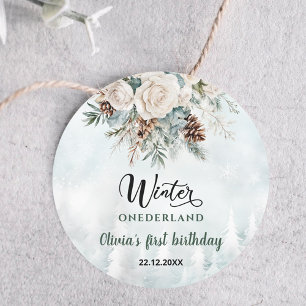 Evergreen Winter Onederland First Birthday Classic Round Sticker