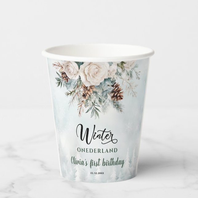 Evergreen Winter Onederland First Birthday Paper Cups (Front)