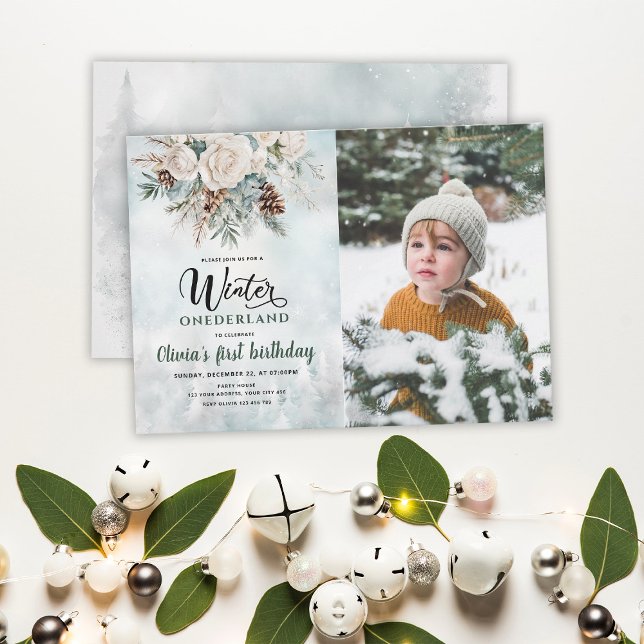 Evergreen Winter Onederland First Birthday Photo Invitation (Creator Uploaded)