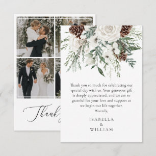 Evergreen Winter wedding photo collage Thank You Card