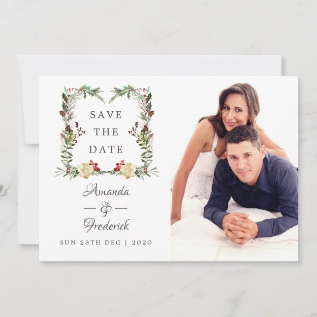 Evergreen - Wintertide Woodland Christmas Wedding Save The Date (Front)