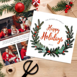 Evergreen Wreath 3 Photo Family Holiday Card