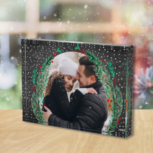 Evergreen Wreath Snow Christmas Black Photo Block
