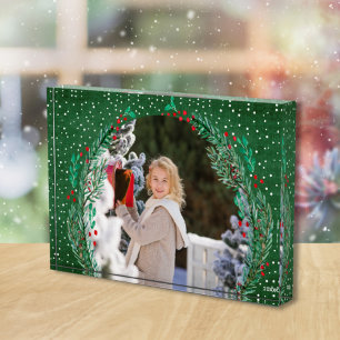 Evergreen Wreath Snow Christmas Green Photo Block