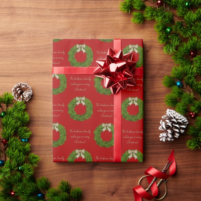 Evergreen Wreath with Bow Custom Message Christmas Wrapping Paper (Holiday Gift)
