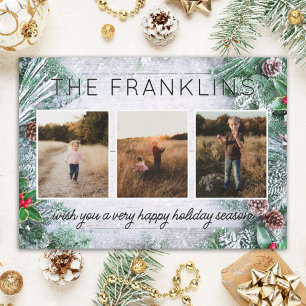 Evergreens and Rustic Wood Christmas Photo Holiday Card