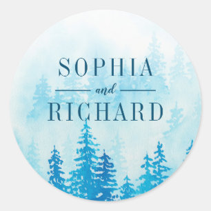 Evergreens in the Fog Forest in Blue Wedding Classic Round Sticker