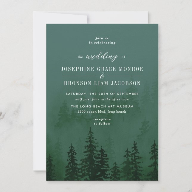 Evergreens in the Foggy Forest in Dark Green Invitation (Front)