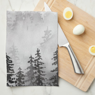 Evergreens in the Forest Foggy Mountain in Black Tea Towel