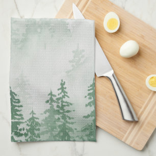 Evergreens in the Forest Foggy Mountain in Green Tea Towel