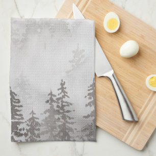 Evergreens in the Forest Foggy Mountain in Grey Tea Towel