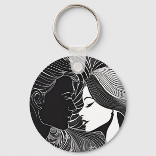 Everlasting Kiss: Black & White Silhouette Lovers Key Ring