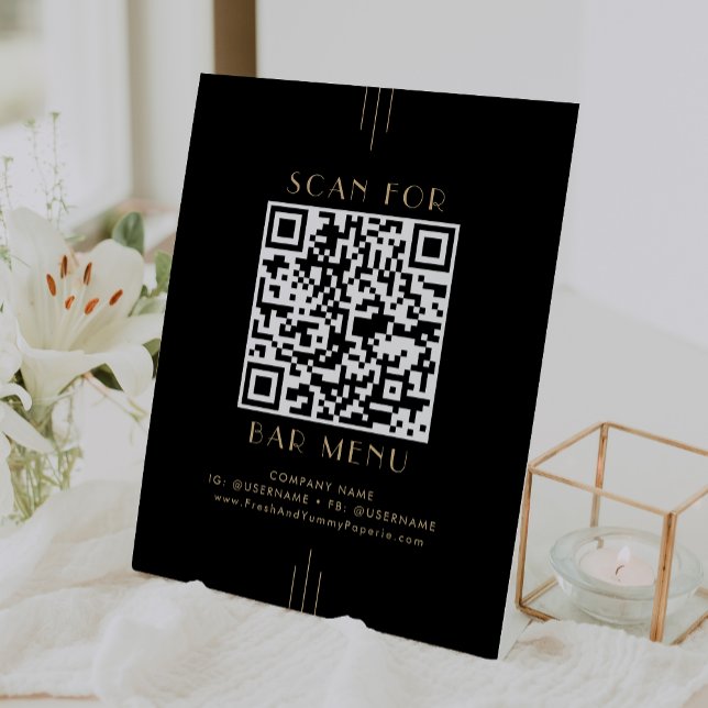 EVERLY Art Deco Black and Gold Bar Menu QR Code Pedestal Sign (EVERLY Art Deco Black and Gold Bar Menu QR Code Pedestal Sign)