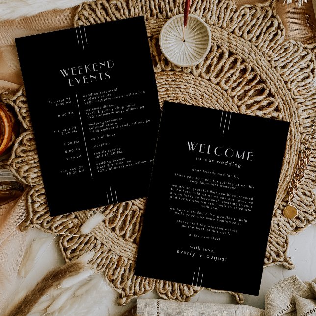 EVERLY Art Deco Black Wedding Weekend Itinerary Invitation (EVERLY Art Deco Black Wedding Weekend Itinerary Invitation)