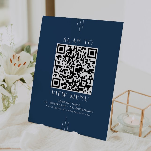 EVERLY Art Deco Navy Blue Restaurant Menu QR Code Pedestal Sign (EVERLY Art Deco Navy Blue Restaurant Menu QR Code Pedestal Sign)