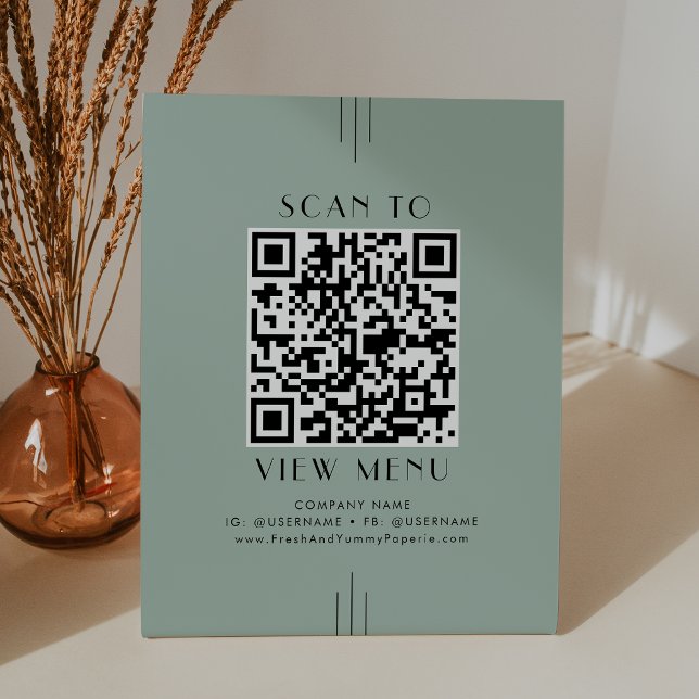 EVERLY Art Deco Sage Green Restaurant Menu QR Code Pedestal Sign (EVERLY Art Deco Sage Green Restaurant Menu QR Code Pedestal Sign)