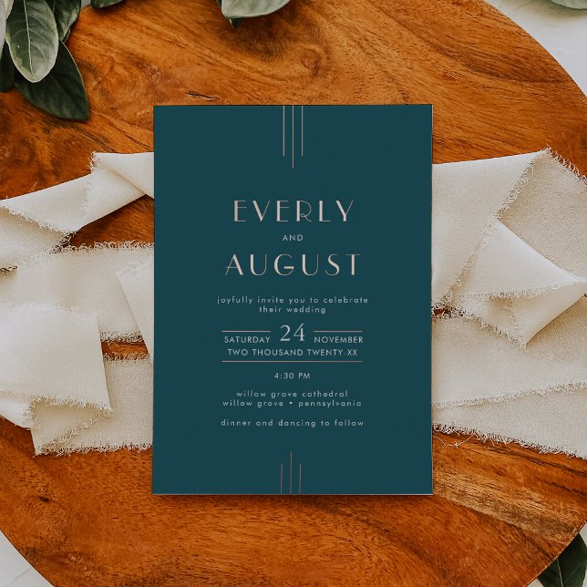 EVERLY Art Deco Teal and Rose Gold Foil Wedding (EVERLY Art Deco Teal and Rose Gold Foil Wedding Foil Invitation)