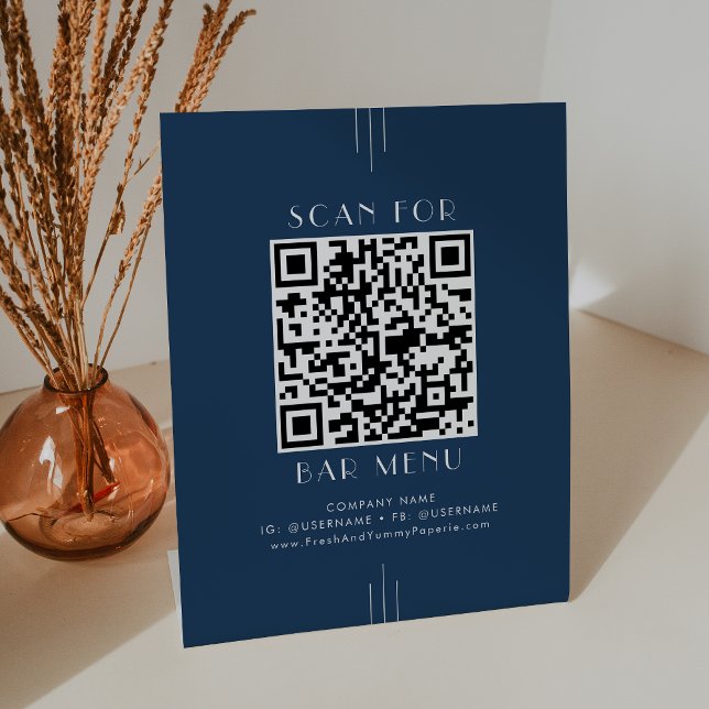 EVERLY Classic Art Deco Navy Blue Bar Menu QR Code Pedestal Sign (EVERLY Classic Art Deco Navy Blue Bar Menu QR Code Pedestal Sign)