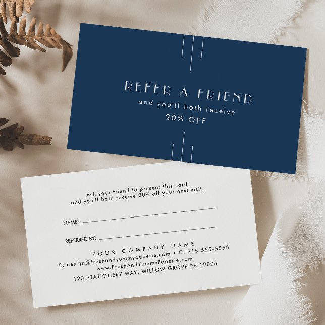 EVERLY Classic Art Deco Navy Blue Refer A Friend Referral Card (EVERLY Classic Art Deco Navy Blue Refer A Friend Referral Card)