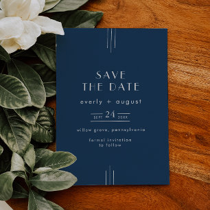 EVERLY Classic Modern Art Deco Navy Blue Wedding Save The Date