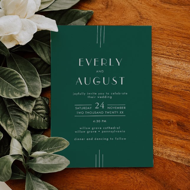 EVERLY Jewel Tone Art Deco Emerald Green Wedding Invitation (EVERLY Jewel Tone Art Deco Emerald Green Wedding Invitation)